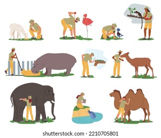 Set Zoologist Characters Study Animals in Natural Habitat. Scientists Explore Tameless Animals, Expedition To Wild Nature. Study Wild Animals In Wildlife Conditions. Cartoon People Vector Illustration