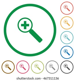 Set of zoom in color round outlined flat icons on white background