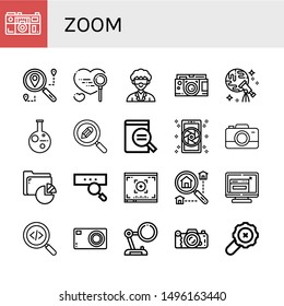 Set of zoom icons such as Camera, Search, Researcher, Discovery, Research, Magnifying glass, Analysis, Viewfinder, Searching, Resize, Compact camera , zoom