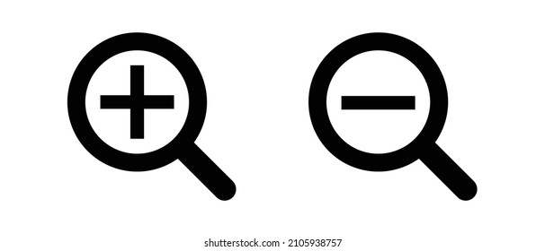 A set of zooming magnifying glass and zooming out magnifying glass icons. Vector.