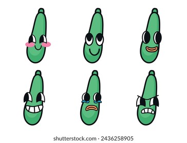 Set of zuccini cartoon with many expressions. Retro design vector illustration on white background. Mascot faces