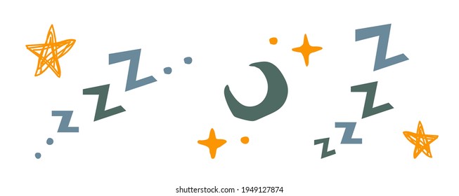 Conjunto de sonidos dormidos de Zzzz y Zzz como textos coloridos con un símbolo abstracto de luna contemporánea o de media luna aislado en fondo blanco, ilustración vectorial para dibujos animados o diseños de cama estilo doodle