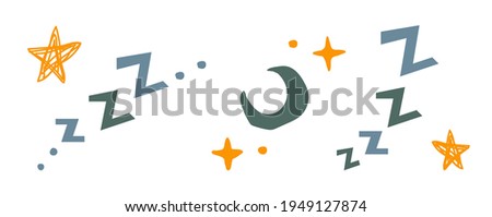 Set of Zzzz and Zzz sleeping sounds as colorful texts with abstract contemporary moon or crescent symbol isolated on white background, vector illustration for cartoon or doodle style bed time concepts