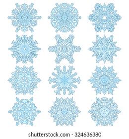 Set-1 of snowflakes. Blue vector snowflakes on a white background. Beautiful winter ornament. Snowflake icons