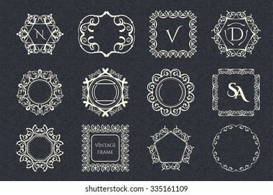 Set-2 of 12 Vintage Frames for Luxury Logos, Restaurant, Hotel, Boutique or Business Identity. Royalty, Heraldic Design with Flourishes Elegant Design Elements. 
