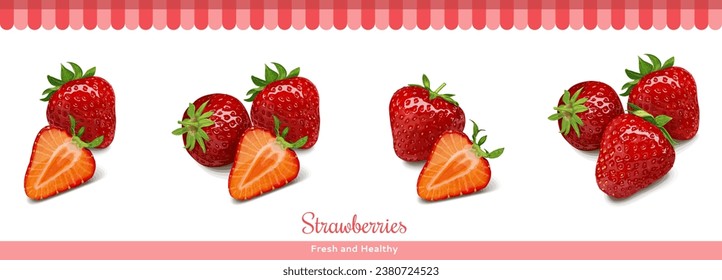 Set5 of realistic strawberries with leaves isolated on white background. Vegetarian organic food. Vector Illustration.