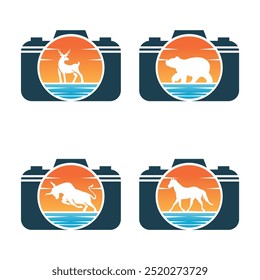 SETCAMERA  ANIMAL silhouette logo on sunset background
