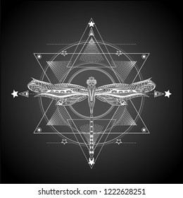 setch for print t shirt and tattoo art. Line art. Sacred geometry and drawing dragonfly.
