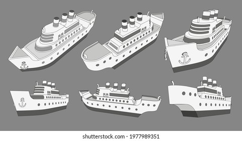 Set,collection with cruise big ship 3d models with three pipes good for travel and tourism ads, books, good for travel tourism brochure. Isolated