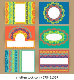 Set/collection of universal bright lace vector cards with trendy colors for business, wedding, invitation, greeting, anniversary, celebration, party, congratulation, compliments