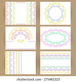 Set/collection of universal pastel lace vector cards with positive colors for business, wedding, invitation, greeting, anniversary, celebration, party, congratulation, compliments