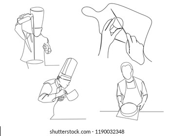set-continuous line drawing of chef cooking cook a gourmet concept vector illustration.