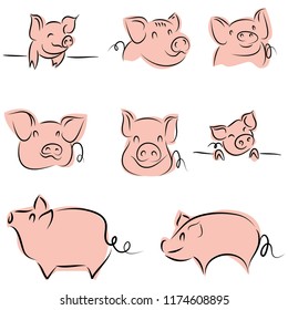set-drawing of cute pig vector illustration simple concept zodiac of pig.