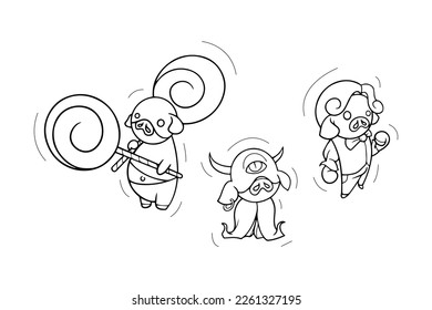 set-drawing of cute pigs are cosplaying in various conditions and styles. devil, candy man, nobleman