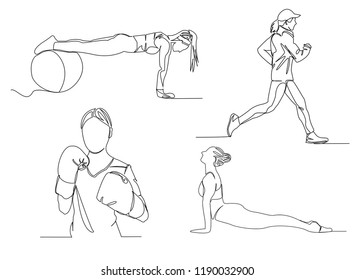 
set-Exercise continuous line drawing of women fitness yoga concept vector health illustration