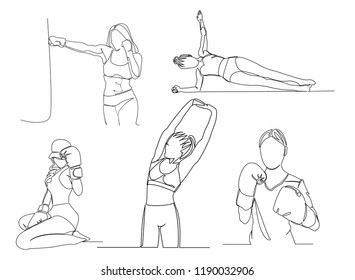 
set-Exercise continuous line drawing of women fitness yoga concept vector health illustration