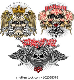 set,gothic coat of arms with skull, grunge vintage design t shirts