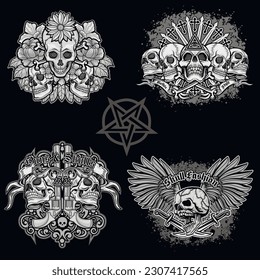 set,gothic sign with skull, grunge vintage design t shirts