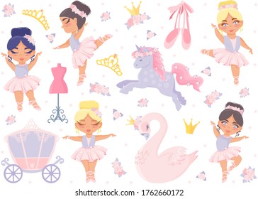 Seth ballet. Beautiful little ballerinas, princess swan, crown, diadem, pointe shoes, flowers, mannequin, carriage, unicorn. Vector children's illustration.