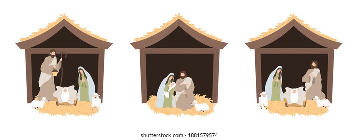 Seth Birth of Christ, Christmas manger with baby. Nativity scene with baby Jesus in a manger with Mary and Joseph. Vector illustration