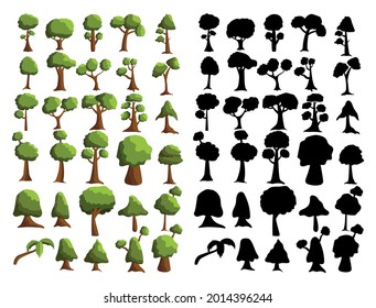 Seth black silhouettes and realistic trees from different climatic zones on a white background - Vector illustration