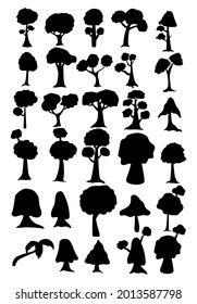 Setze schwarze Silhouetten von Bäumen aus verschiedenen Klimazonen auf weißem Hintergrund - Vektorgrafik