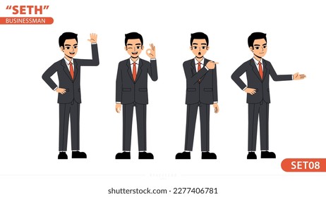 Seth Business Man Say Hi Ok Point Advice Body Language Pose Standing Character Design Set