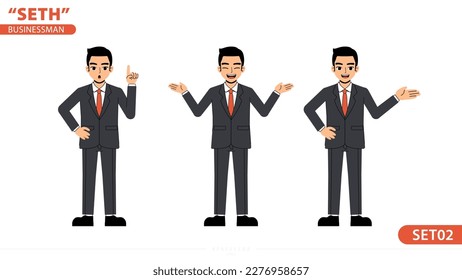 Seth Business Man Talking Speech Moderator Point Hand Pose Juego de diseño de caracteres de pie
