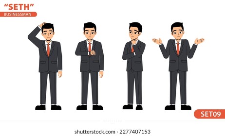 Seth Business Man Thinking Time Watch Boring Body Language Pose Standing Character Design Set