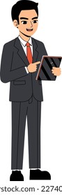 Seth Business Man Wearing Suit And Tie Use Tablet Pose Standing Character Design