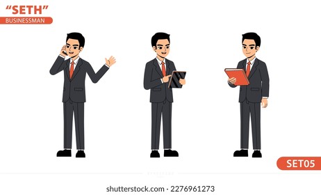 Seth Business Man Working Call Phone Sale Holding Folder Pose Standing Character Design Set