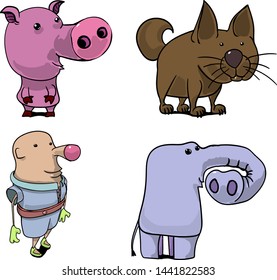 Seth consists of four cartoon and funny characters. Among them is an elephant with a thick trunk, a cat, a pig, and a standing man with a big nose.