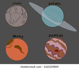 Seth consists of four planets in a cartoon style. Among the space objects are Mars, Moon, Jupiter and Saturn with a ring.