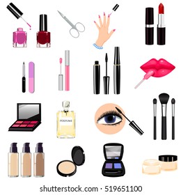 Seth cosmetics, manicure, beauty, perfumes icons. Nail polish, mascara, lipstick, eye shadows, brush, powder, lip gloss, lips.