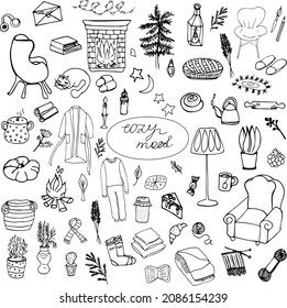 Seth is cozy house  Interior items  things for recreation  Fireplace  armchair  candles  clothes  plants  sweets  Vector black   white hand  drawn elements    Logos  doodles  sketch  clipart 