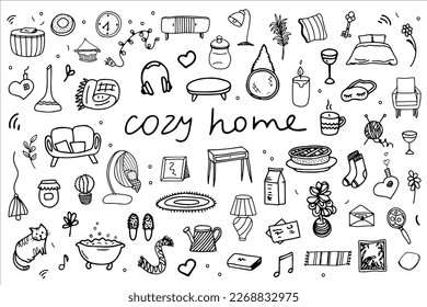 Seth is a cozy house. Interior items, things for recreation. Bed, armchair, furniture, plants, dishes. Vector black and white elements drawn by hand. .Logo, doodle, sketch, clipart, template, design