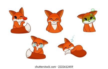 Seth is a cute beautiful fox. Red fox art for kids. 5 cute foxes vector characters. Cute cartoon style. Vector drawing isolated from the background