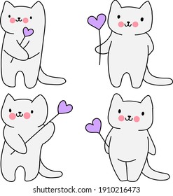 Seth es un lindo gato blanco con corazón. Arte de gatito dulce para niños y niños. Juego de pegatinas para bebés con corazón. Estilo de dibujos animados. Dibujo del vector aislado del fondo