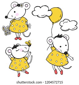 Seth with cute funny mice. Mouse with flowers, a butterfly and a balloon. Vector illustration in sketch style.