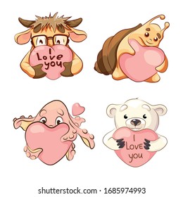 
Seth a cute goby, an octopus, a snail and a white bear are holding a pink heart in their paws. Design element for stickers, cards, flyers, greetings.
