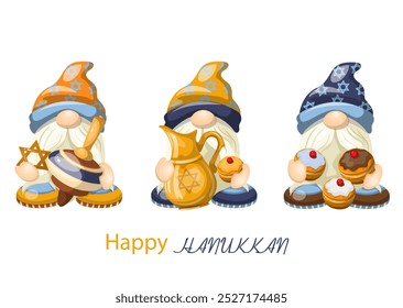 Seth dwarves holiday Hanukkah symbols. Isolate on a white background. The illustration is drawn by hand. Handmade. Vector