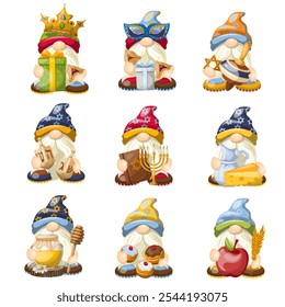 Seth dwarves holiday Israeli symbols. Isolate on a white background. The illustration is drawn by hand. Handmade. Vector