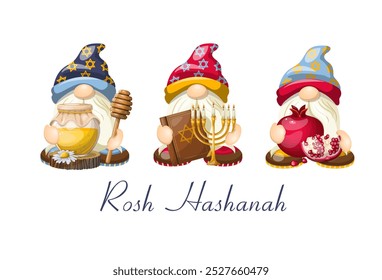 Seth dwarves holiday Rosh Hashanah symbols. Isolate on a white background. The illustration is drawn by hand. Handmade. Vector