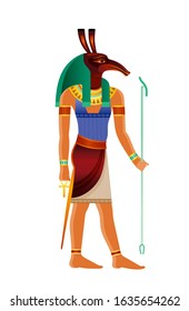 Seth Egyptian god. Set, ancient Egyptian god of chaos, fire, desert, trickery, storm, envy, disorder, violence, foreigner with aardvark head. 3d realistic vector illustration isolated white background