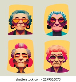 Seth An Elderly Woman, A Charming Grandmother. Cheeky And Sweet Granny.Portrait Of An Old Woman With Glasses, Earrings, Bright Set. Vector Illustration