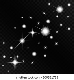 Seth flares on the dark background in the box. Set the bright speed. Bright sparks. Glittering white icons. Image with shining elements. Set of glowing light of the stars. Vector illustration. Flashes