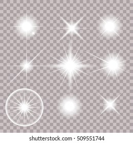 Seth flares on the gray background in the box. set the bright speed. Bright sparks. Glittering white icons. Image with shining elements. Set of glowing light of the stars. Vector illustration. Flashes