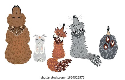 Seth forest animals wolf fox bear hedgehog hare. Animals view from the back on a white background. Illustration for children. Vector illustration