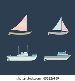 Seth of four boats, flat style. Vector Illustration