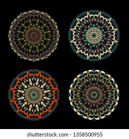
Seth - four orange-green mandalas - on a black background. Geometric style, strict lines, interesting fashionable design.